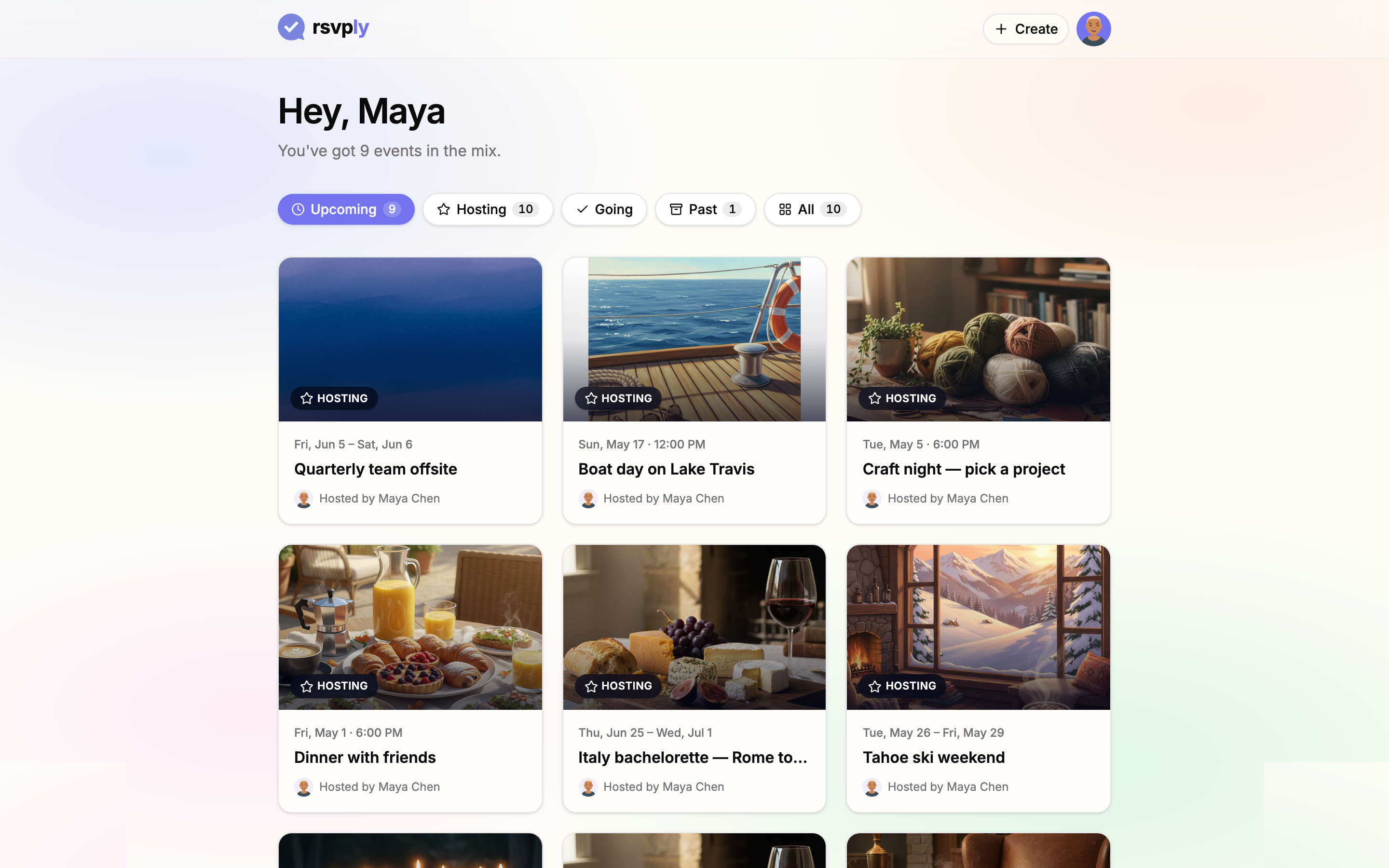 RSVPly host dashboard with a grid of upcoming events, date polls, and trip itineraries